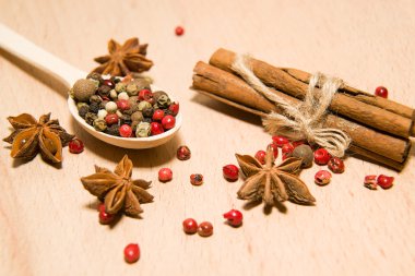 Biber, tarçın ve star anis taneleri karışımı kaşıkla