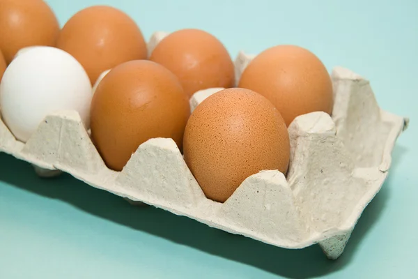 Hühnereier in verschiedenen Farben in der Verpackung zum Verkauf — Stockfoto