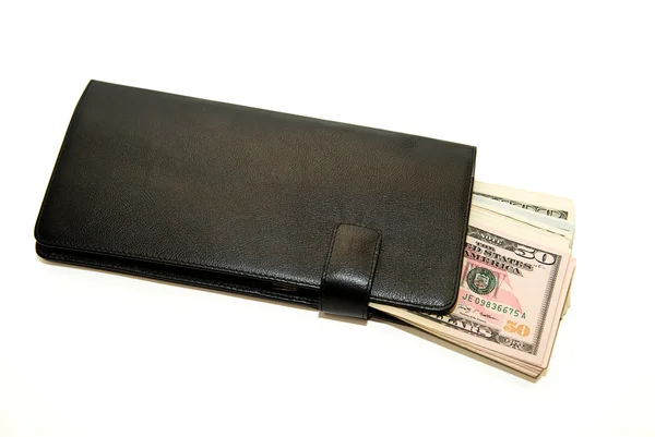 Billetera negra con billetes de dólares estadounidenses en el interior —  Fotos de Stock