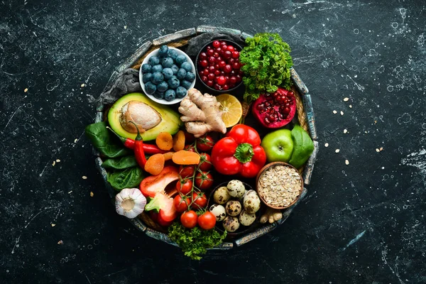 Healthy Food Heart Dietary Food Black Stone Background Top View — Stock Photo, Image