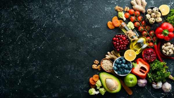 Healthy Food Heart Dietary Food Black Stone Background Top View — Stock Photo, Image