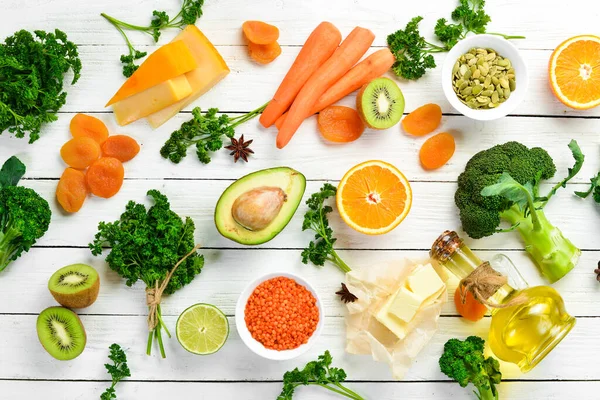 Sada Zeleniny Ovoce Bio Potravin Bohatých Vitamín Horní Pohled Volné — Stock fotografie