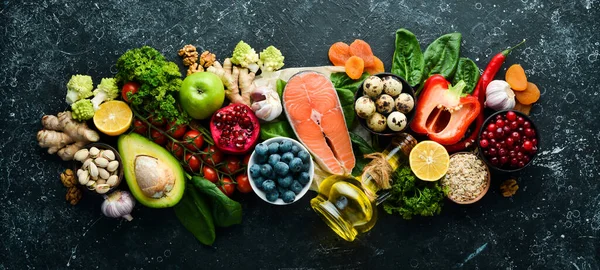 Matbakgrund Uppsättning Hälsosam Och Ren Mat Grönsaker Frukt Fisk Kött — Stockfoto