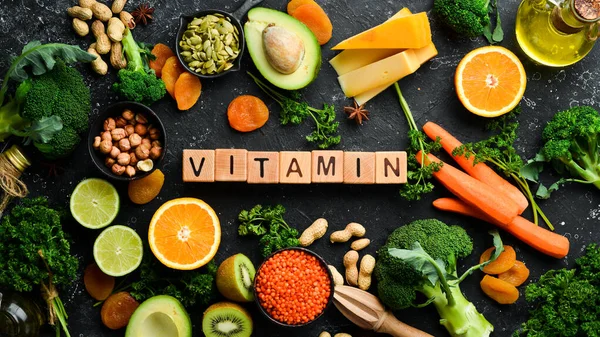 Vitamina Inscrição Conjunto Legumes Frutas Alimentos Orgânicos Vista Superior Espaço — Fotografia de Stock