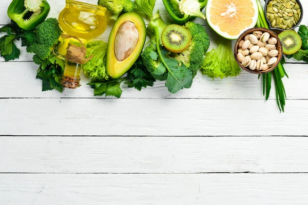 Grünes Gemüse Obst Beeren Und Nüsse Veganes Essen Ansicht Von — Stockfoto