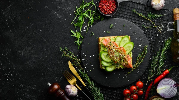 Сендвіч Свіжий Шматок Чіабата Гумусом Авокадо Солоною Червоною Рибою Чорній — стокове фото