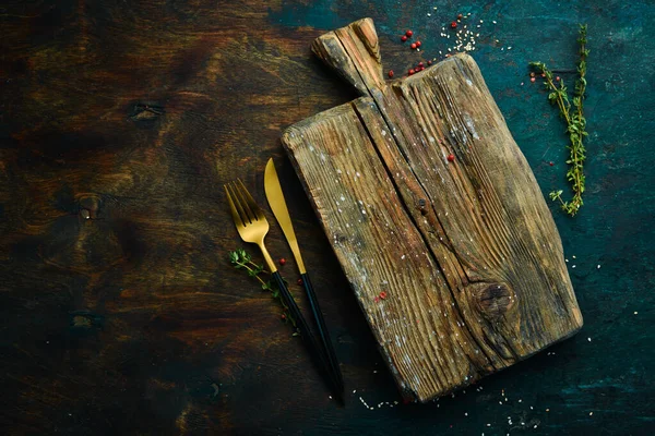 Cutlery Dark Wooden Kitchen Table Top View Free Space Your — Stock Photo, Image