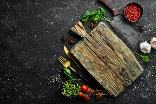 Banner Fondo Comida Especias Hierbas Una Mesa Piedra Oscura Vista —  Fotos de Stock