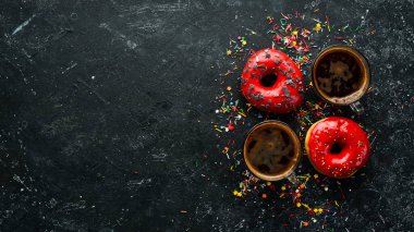 Siyah taş bir masada bir fincan kahveyle vişneli tatlı çörek. Üst görünüm.