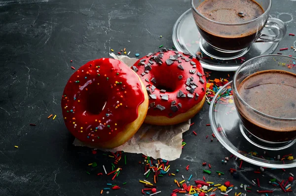 Sweet Cherry Donut Cup Coffee Black Stone Table Top View — Stock Photo, Image