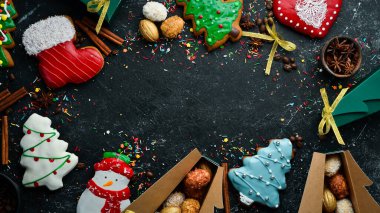 Noel tatlısı, zencefilli çörek ve şeker. Pankart. Üst Manzara. Güzel bar..