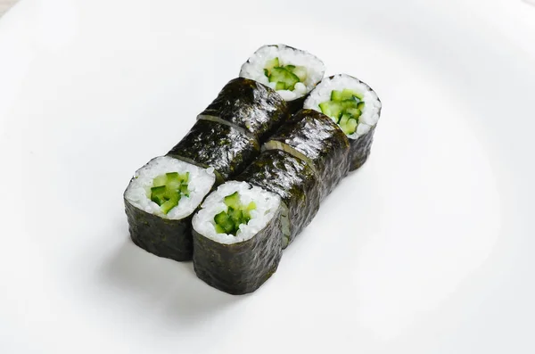 Cucina Asiatica Sushi Maki Piatto Bianco Vista Dall Alto Sfondo — Foto Stock