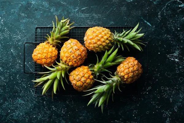Sweet Baby Pineapple Black Stone Background Tropical Fruits Top View — Stock Photo, Image