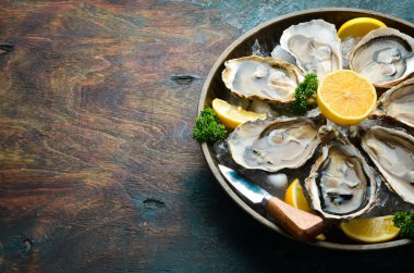 Açık istiridye Fines de Claire. Metnin için boş yer. Deniz ürünleri. Düz yatıyordu.