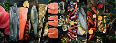 Siyah arka planda deniz ürünlerinin bileşimi. Fotoğraf kolajı. Taze balık, kabuklu deniz hayvanı, istiridye ve midye. Üst görünüm.