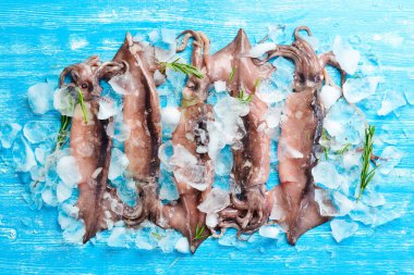 Mavi ahşap arka planda buzlu deniz mürekkep balığı. Deniz ürünleri. Karanlık bir arka planda.