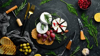 Camembert peyniri. Yaban mersinli ve abur cuburlu peynir. Kırsal tarzda. Boş kopyalama alanı.