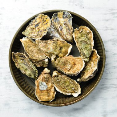 Beyaz ahşap arka planda kapalı taze istiridye. Metnin için boş yer. Deniz ürünleri. Düz yatıyordu.