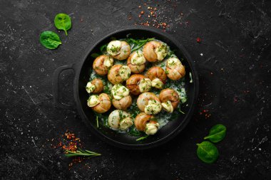 Sarımsaklı Bourgogne Salyangoz, siyah taş tabakta krem soslu peynir. Üst Manzara. Metin için boş alan.