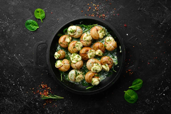 Sarımsaklı Bourgogne Salyangoz, siyah taş tabakta krem soslu peynir. Üst Manzara. Metin için boş alan.