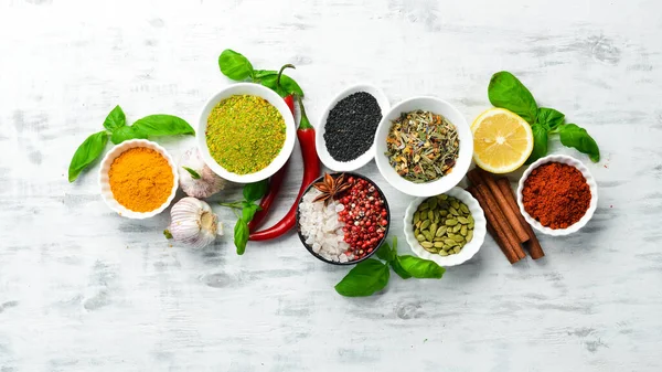 Set Indian Spices Basil Herbs White Wooden Background Top View — Stock Photo, Image