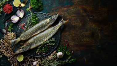 Siyah taş tabakta baharatlı iki balık turna balığı. Karanlık bir arka planda. Üst görünüm.