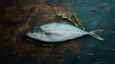 Karanlık bir arka planda baharatlı taze çiğ ton balığı. Üst Manzara. Deniz ürünleri..