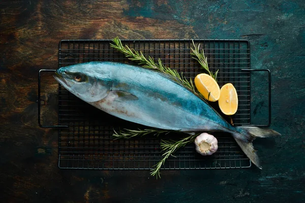 Karanlık Bir Arka Planda Baharatlı Taze Çiğ Ton Balığı Üst — Stok fotoğraf