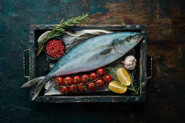 Pescado Fresco Atún Crudo Con Especias Sobre Fondo Oscuro Vista — Foto de Stock