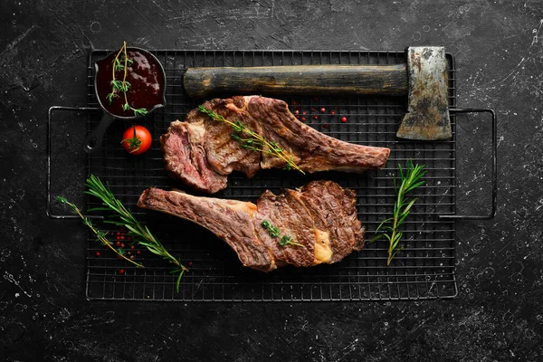 Two Veal Steaks Bone Spices Thyme Rosemary Barbecue Meat Top — Stock Photo, Image