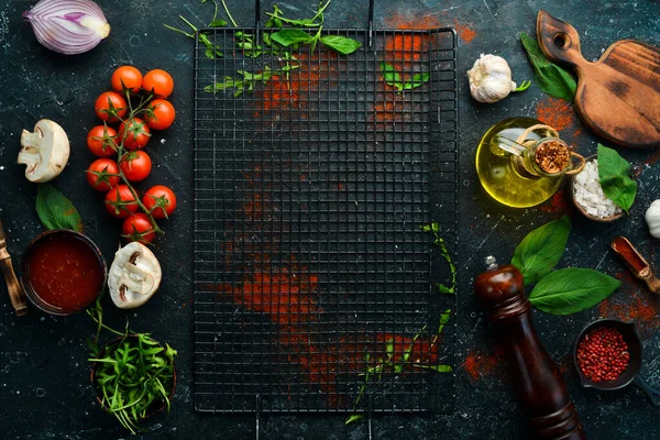 Kitchen Cooking Background Cherry Tomatoes Onions Spices Herbs Black Background — Stock Photo, Image