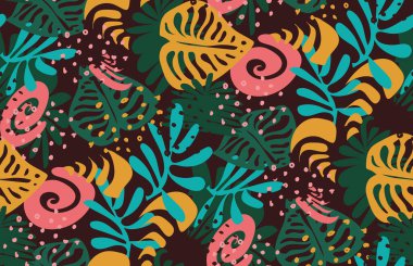 Koyu arkaplanda renkli tropikal yapraklı vektör deseni