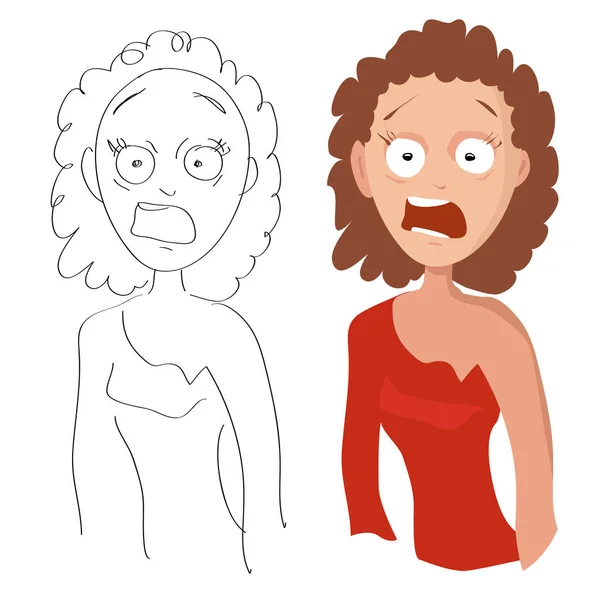 Retrato Dibujos Animados Vectoriales Una Mujer Gritando Asustada Vestido Rojo — Archivo Imágenes Vectoriales