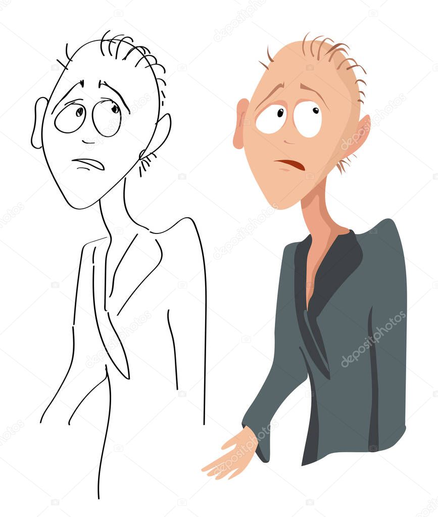 Vector cartoon portrait of a sad disappointed man with sparse hair in a dressing gown and his sketch on a white background