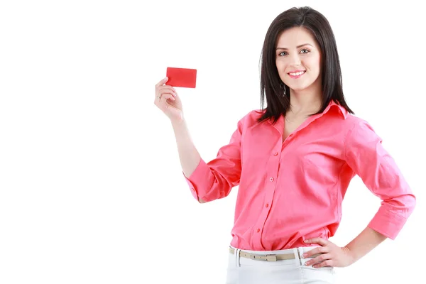 Hermosa mujer de negocios sonriente mostrando tarjeta roja en la mano —  Fotos de Stock