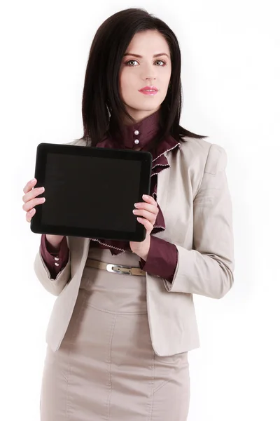 Brünette junge Frau mit Tablet-PC isoliert auf weiß — Stockfoto