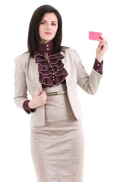 Leende affärskvinna med en tom business badge isolerad på wh — Stockfoto