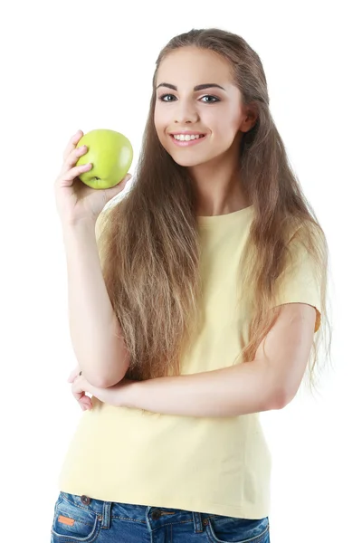 Portret van gelukkig meisje met apple geïsoleerd op witte achtergrond — Stockfoto