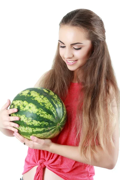 Mooi meisje met watermeloen in studio — Stockfoto