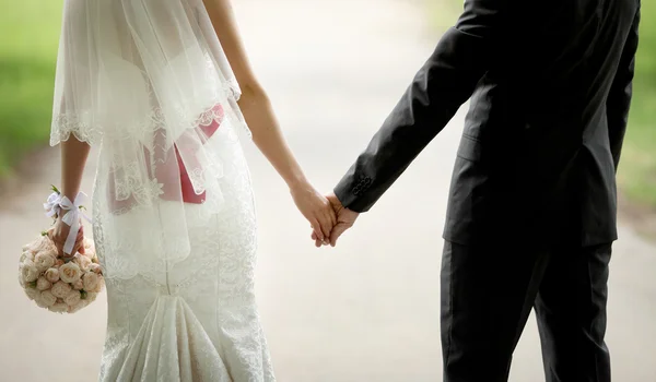 Bruid en bruidegom houden handen vanaf achterkant — Stockfoto