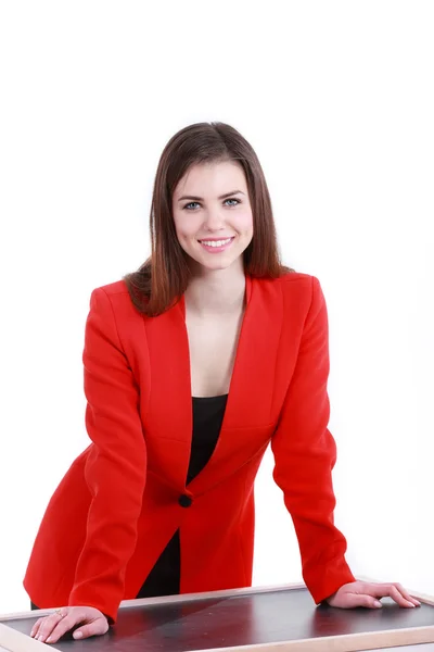 Geschäftsfrau in Rot mit einer Plakatwand — Stockfoto