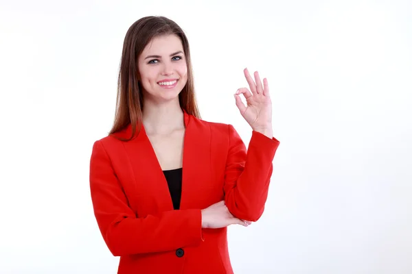 Mujer de negocios feliz en traje rojo aislado en blanco —  Fotos de Stock