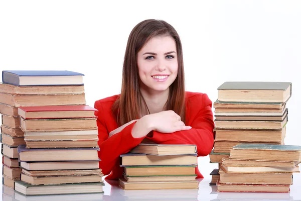 Student-leende kvinna med massor av böcker — Stockfoto