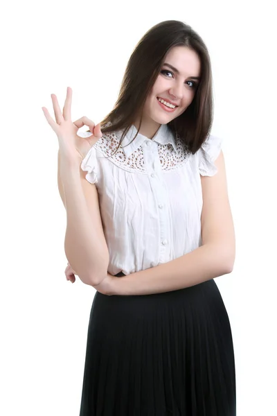 Portré, a boldog fiatal üzletasszony elszigetelt fehér background — Stock Fotó