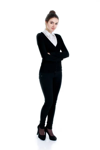 Mujer de negocios feliz éxito en traje negro — Foto de Stock