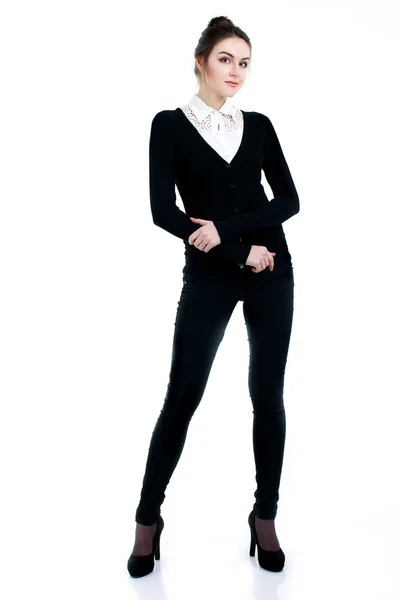 Heureuse femme d'affaires réussie en costume noir — Photo