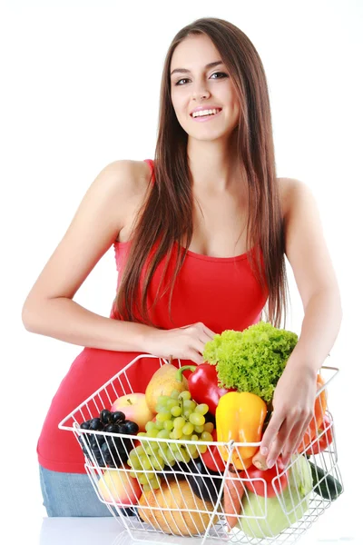 Bild einer schönen Frau mit Obst und Gemüse — Stockfoto