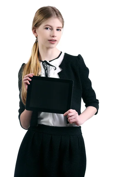 Schülerin hält Tablet in der Hand — Stockfoto