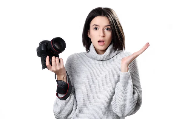 Girl Looking Photo Camera Her Hands Curious Surprised Expression Her — Stock Photo, Image
