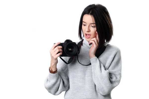 Beautiful Girl Taking Photos Using Camera Isolated Background Stressed Hand — Stock Photo, Image